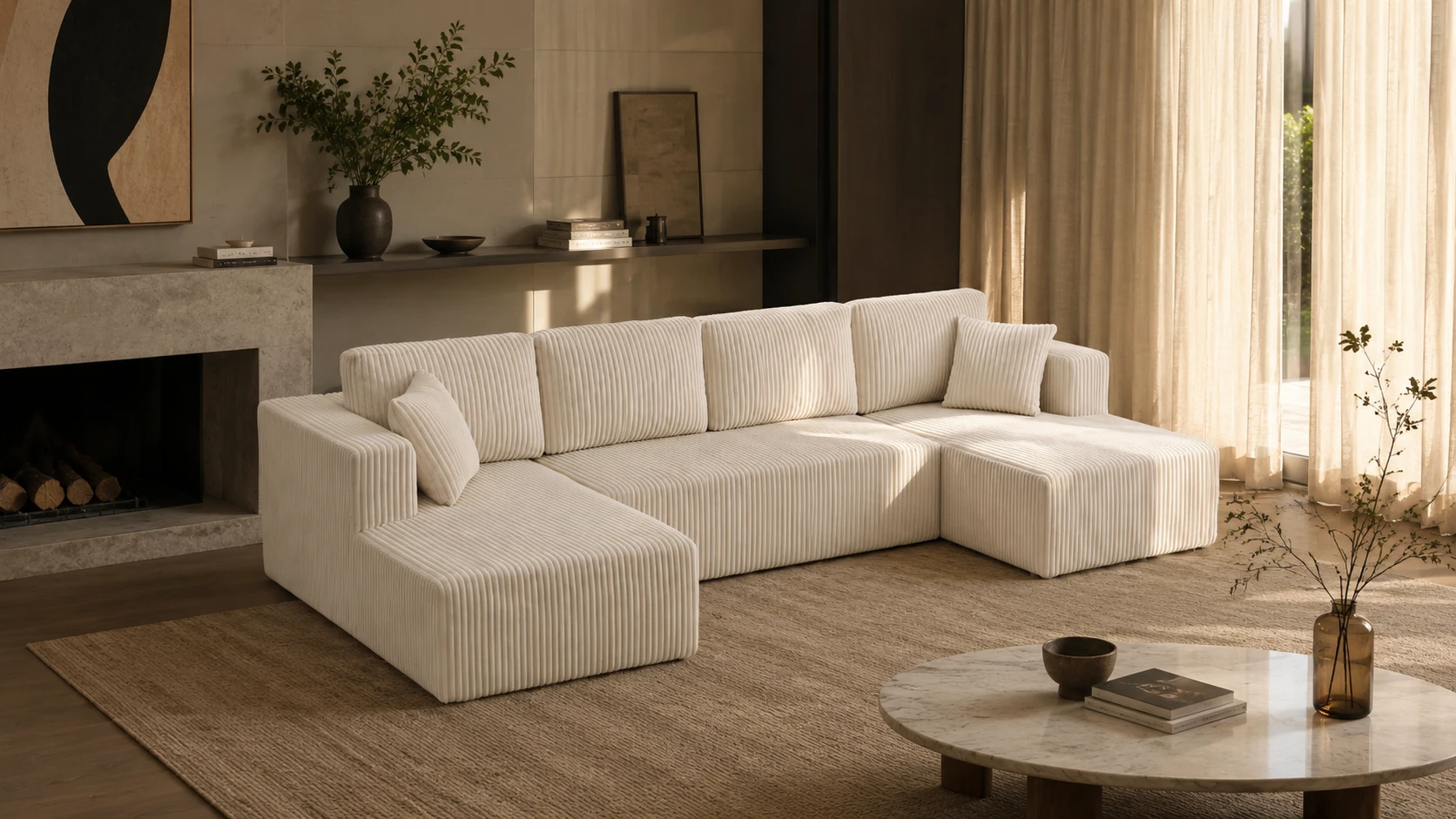 ULTIONE cream corduroy modular sofa in a sunlit living room