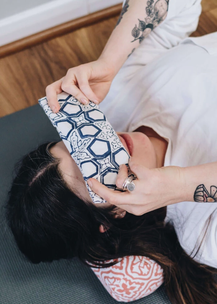 Eye Pillow — Fretwork, Blue · official Yogipod photograph