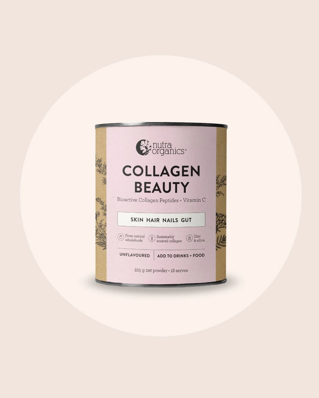 Collagen Beauty Unflavoured · 225 g · fotografía oficial Nutra Organics