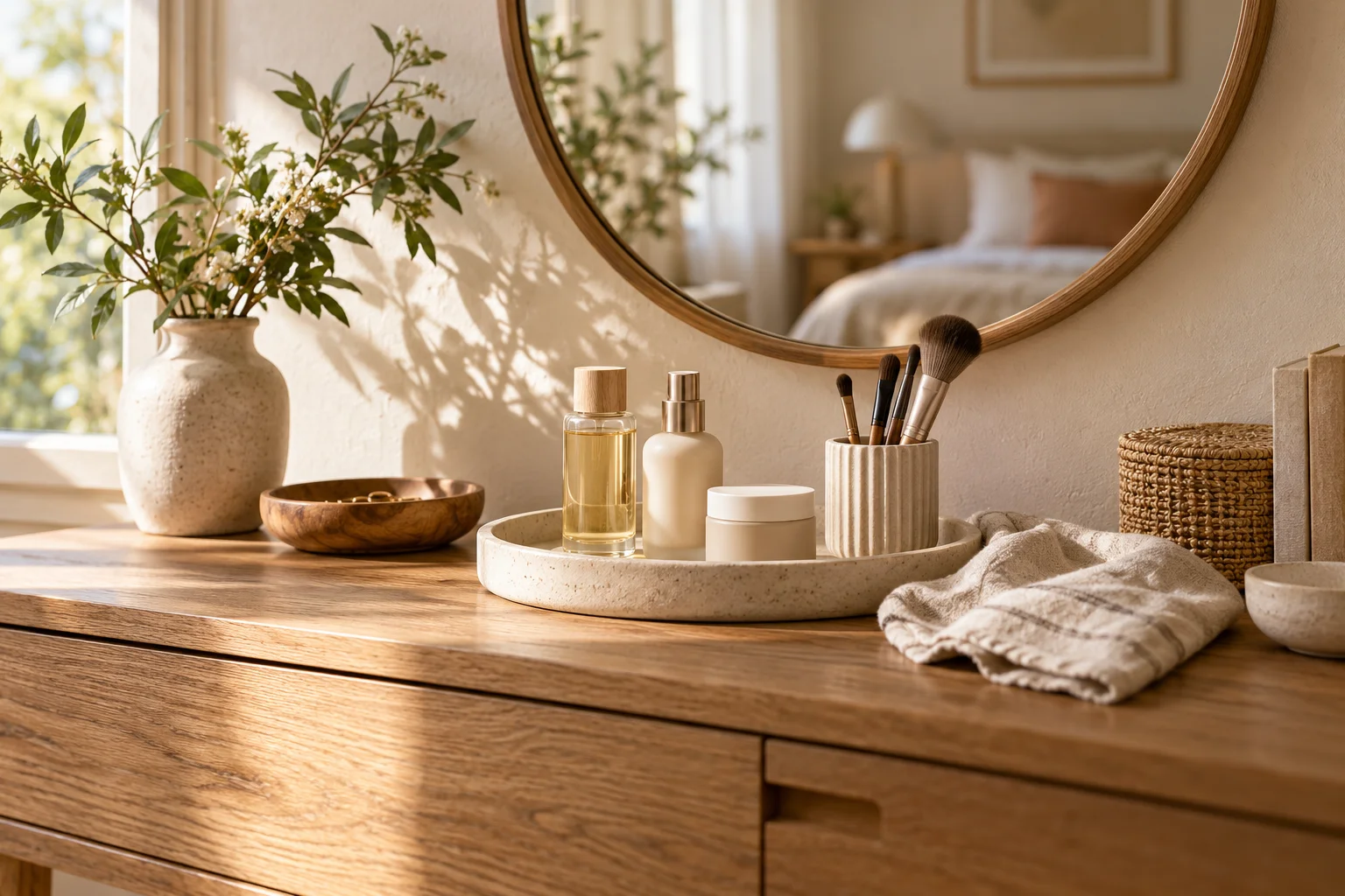 Beauty corner with an oak console, round mirror and ceramic tray