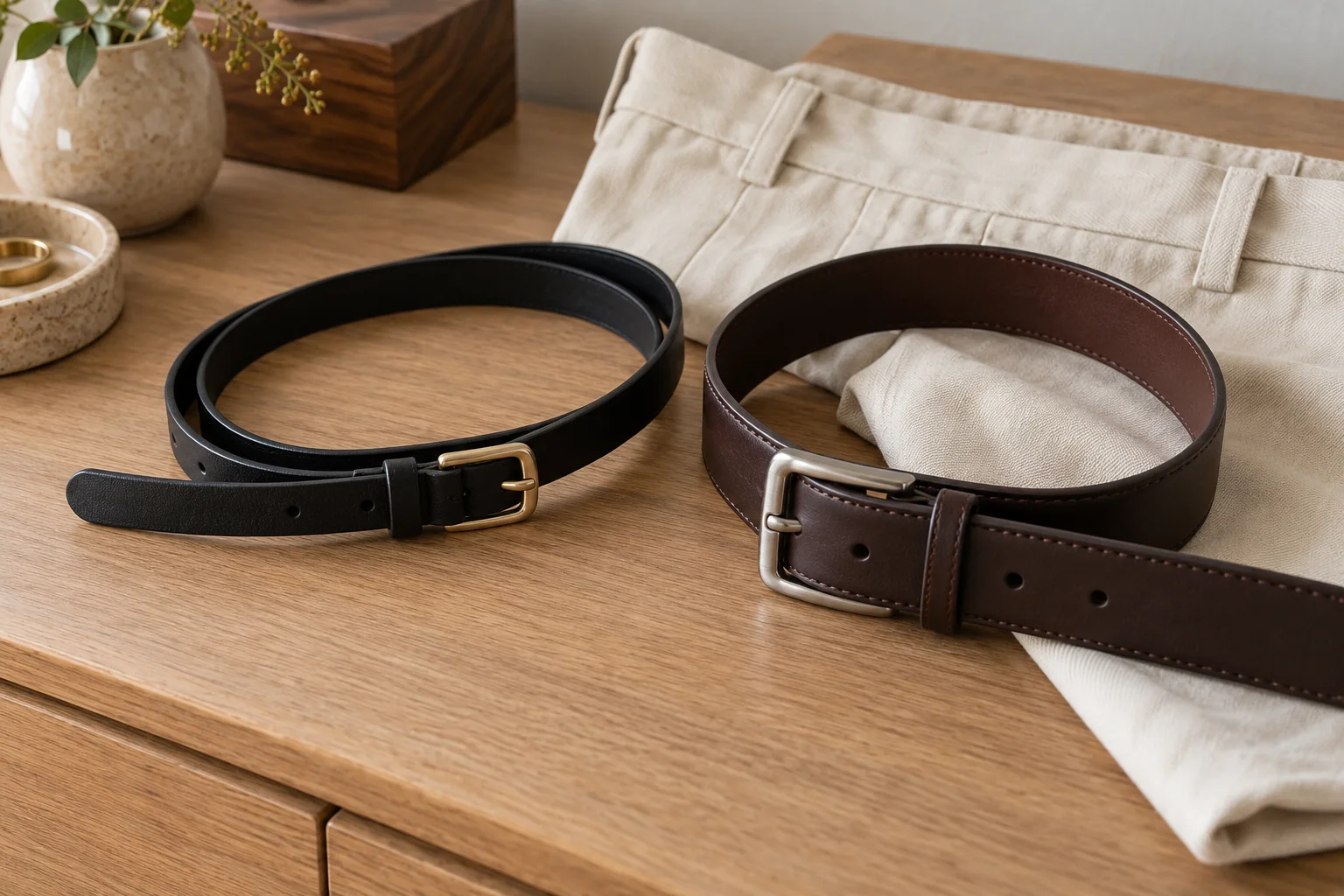 Deux ceintures en cuir imaginaires sans marque près d’un pantalon crème plié sur une table en bois