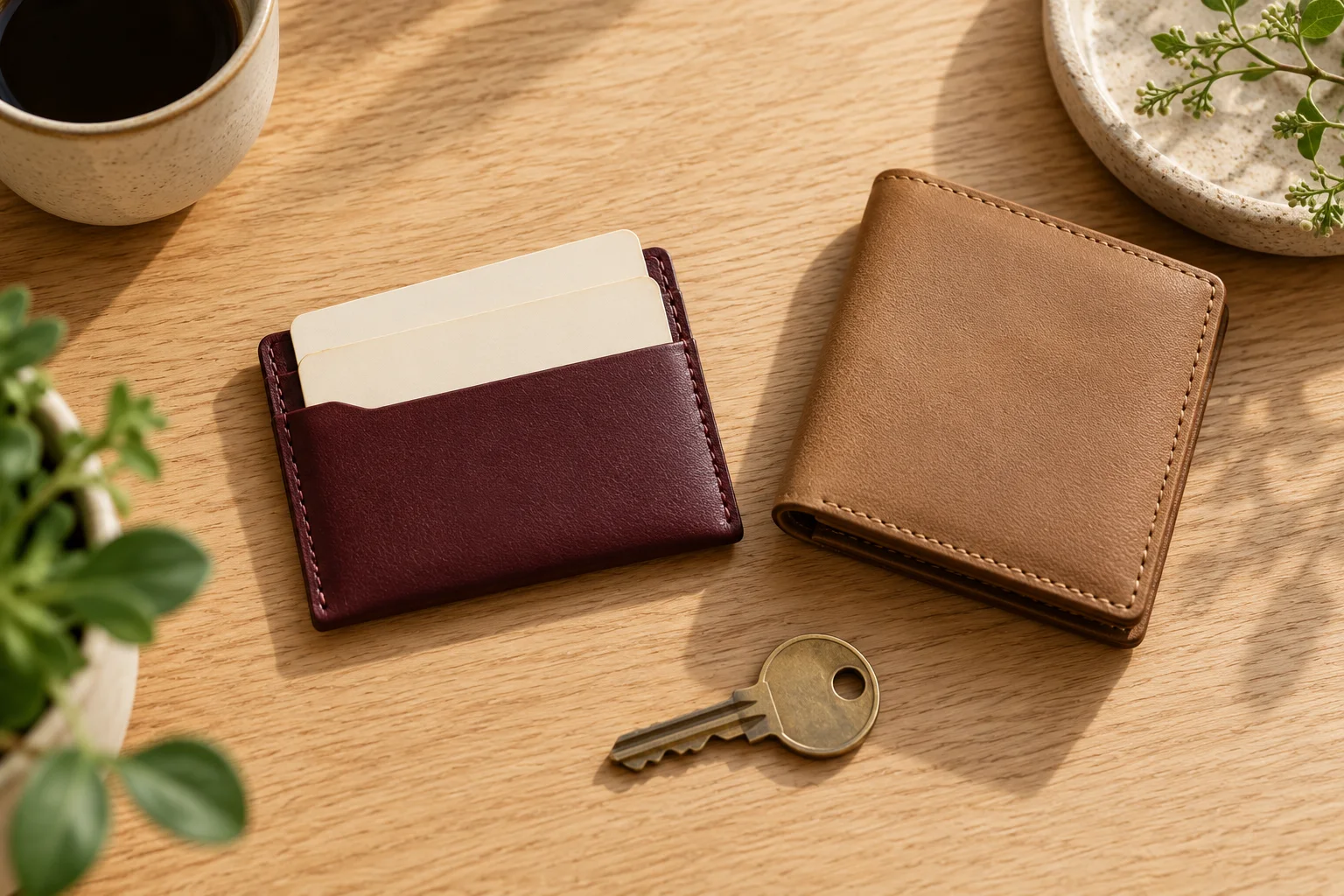 Two invented unbranded leather wallets, blank cards and a house key on a pale oak table