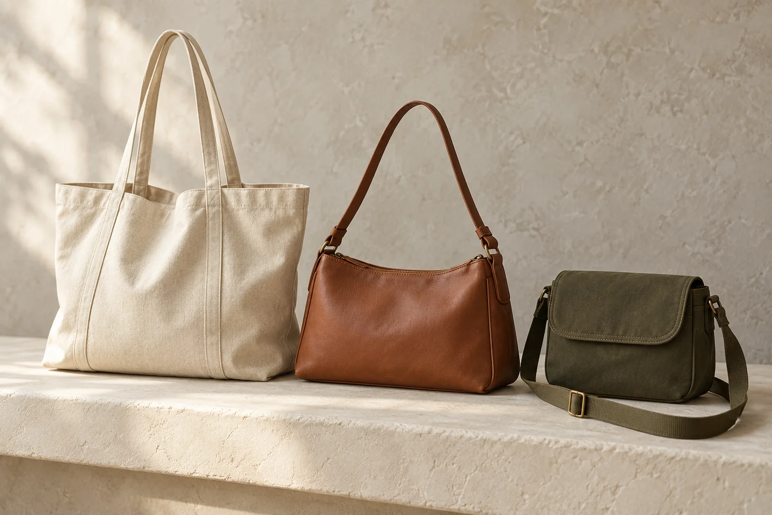 Three unbranded bags: a canvas tote, a brown shoulder bag and an olive crossbody