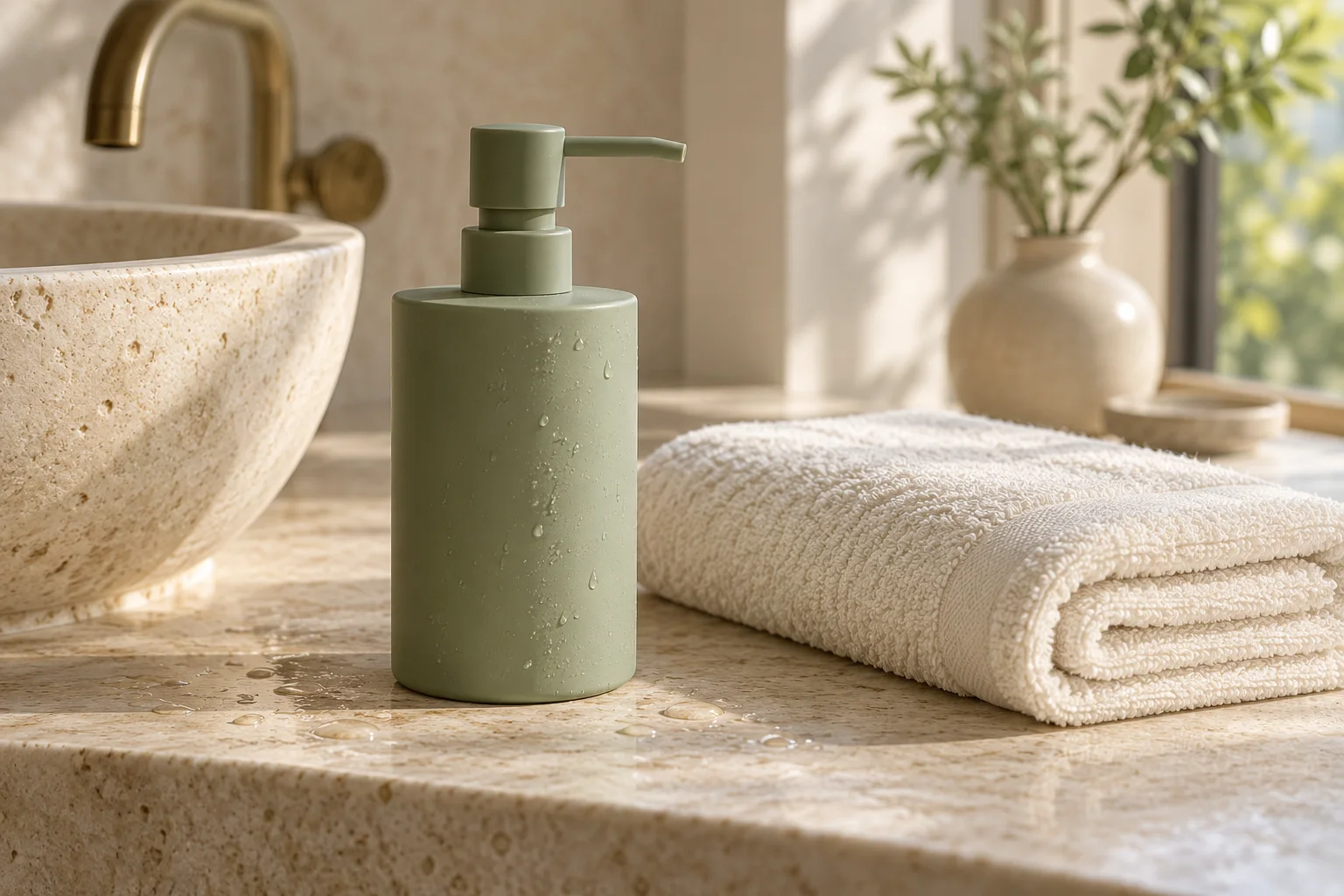 Un dosificador imaginario verde salvia y una toalla marfil junto a un lavabo de piedra caliza