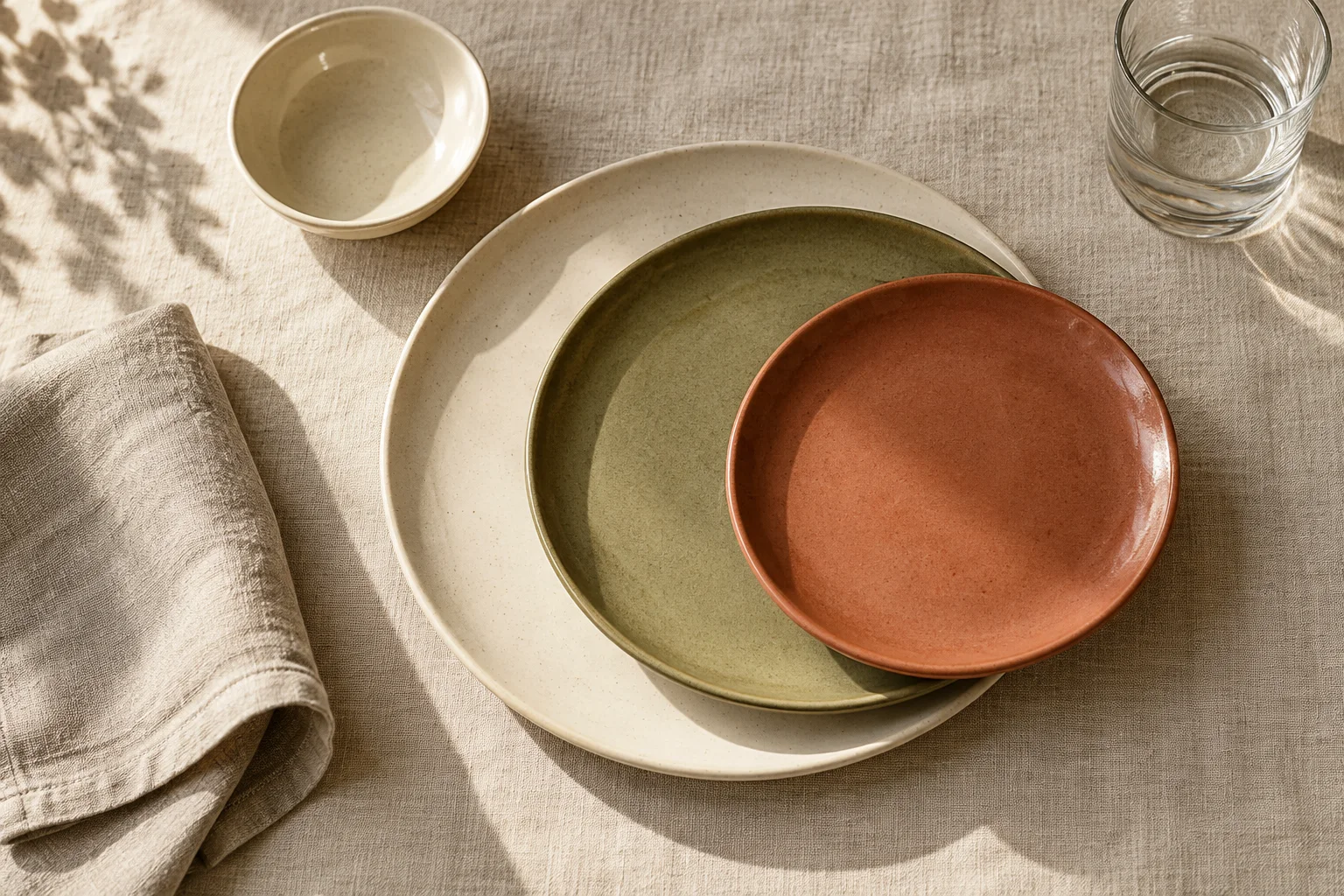 Ivory, olive and terracotta plates with a small bowl and clear glass on neutral linen