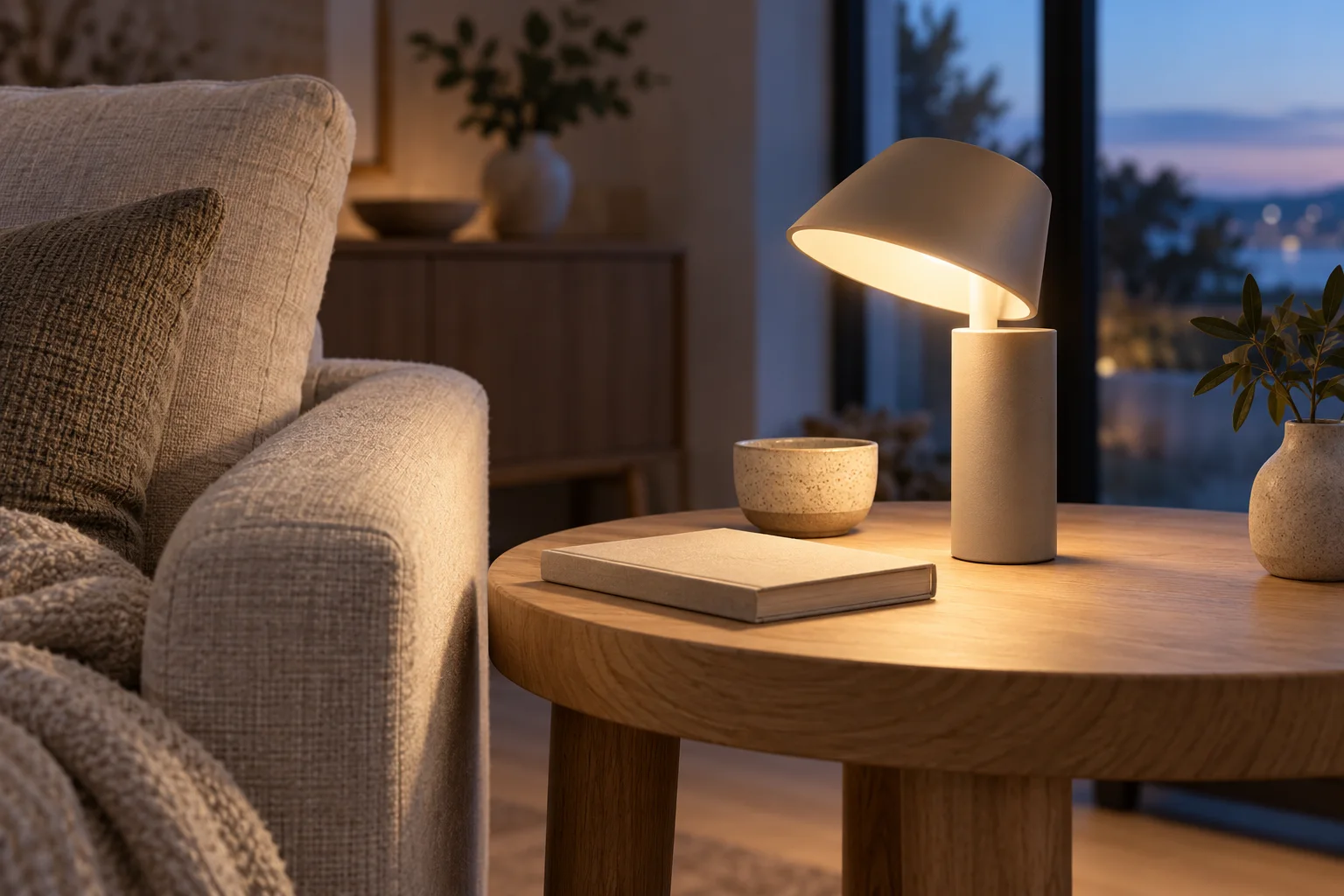Una lámpara portátil imaginaria sin marca ilumina una mesa auxiliar de roble junto a un sillón de lino