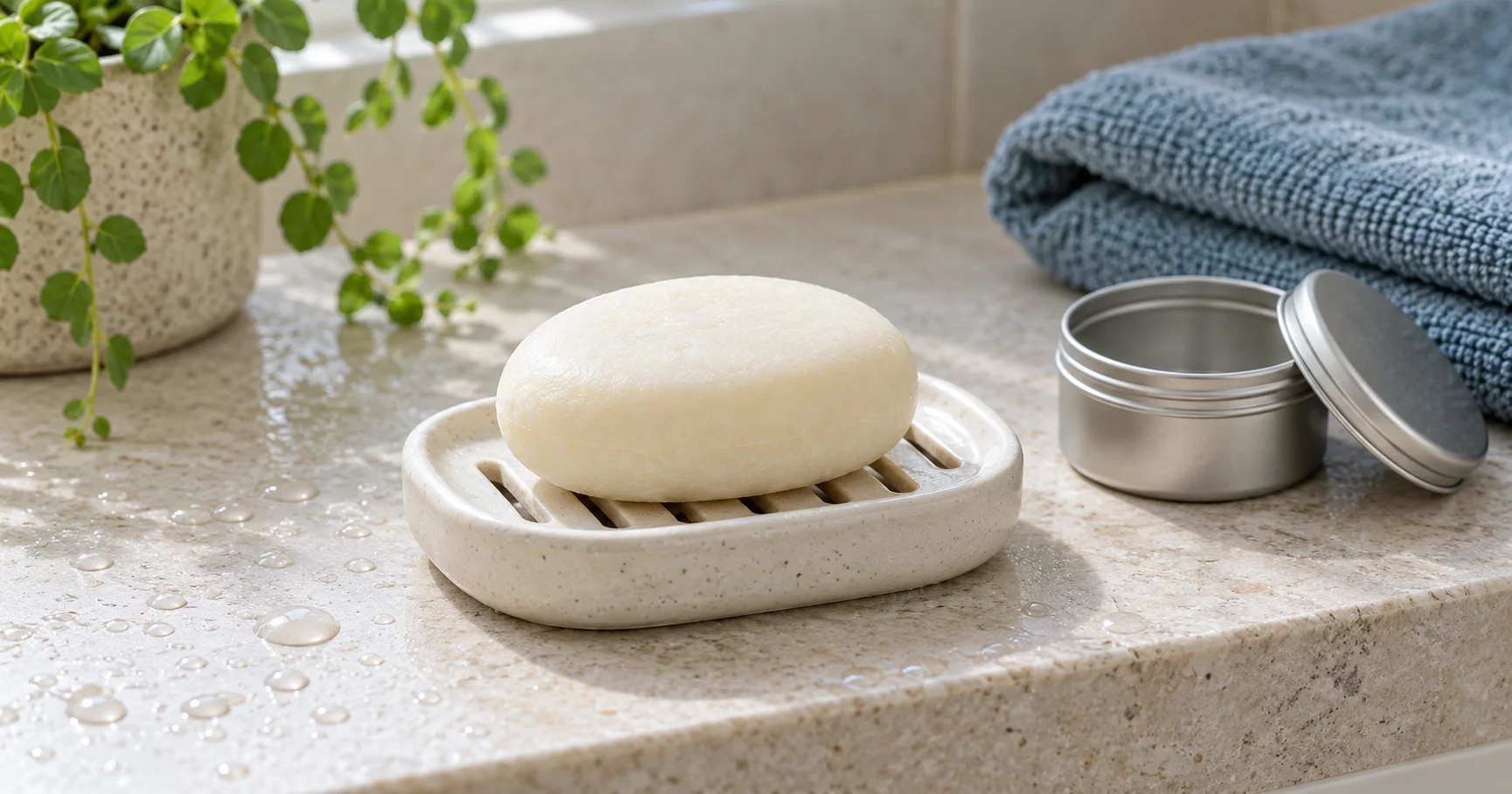 An invented unbranded cream shampoo bar on a slotted ceramic dish beside an open travel tin and blue towel