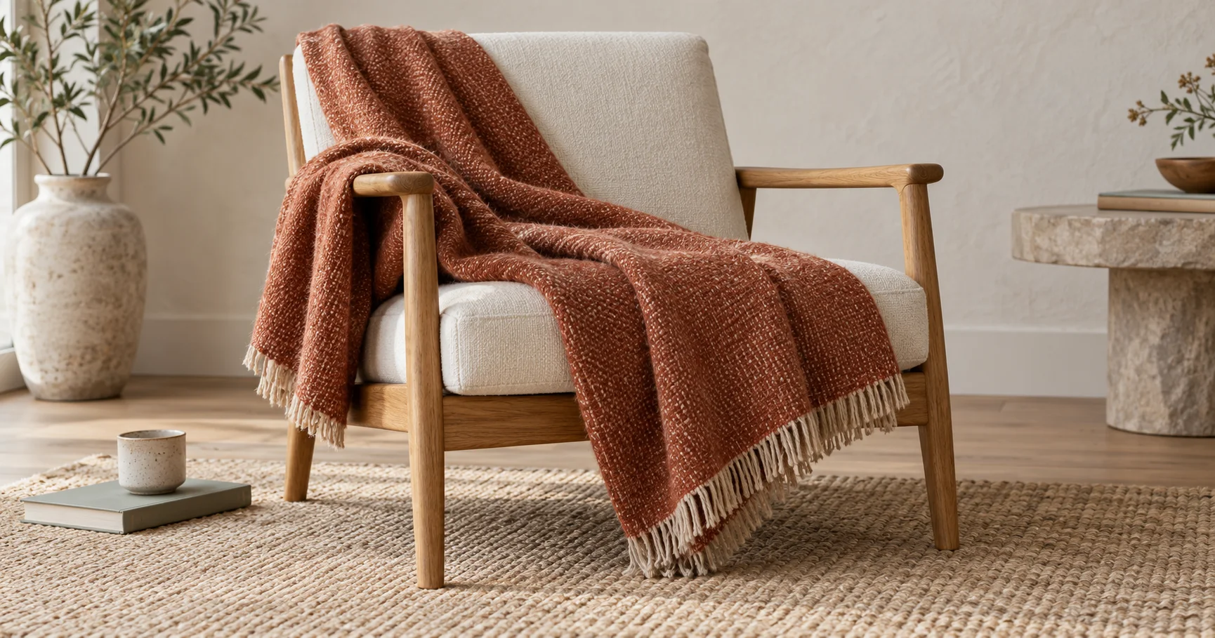 Un plaid imaginaire couleur rouille posé sur un fauteuil en chêne sans marque, dans une lumière douce