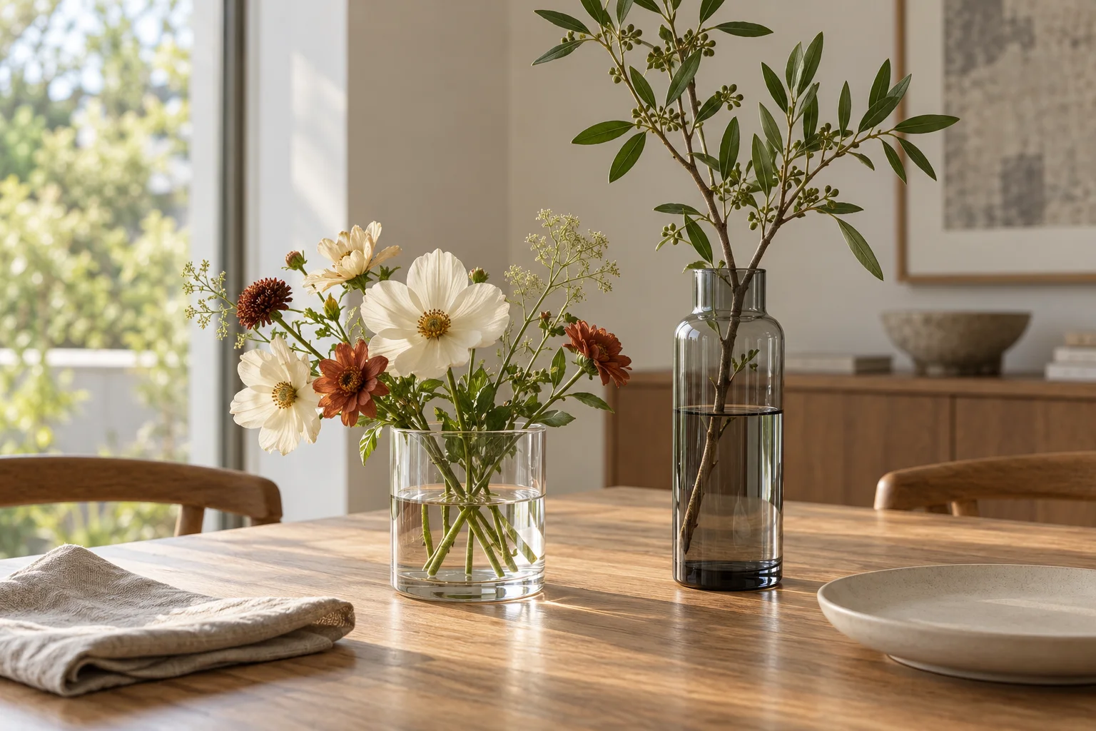 Two invented unbranded glass vases with flowers and a leafy branch on a dining table